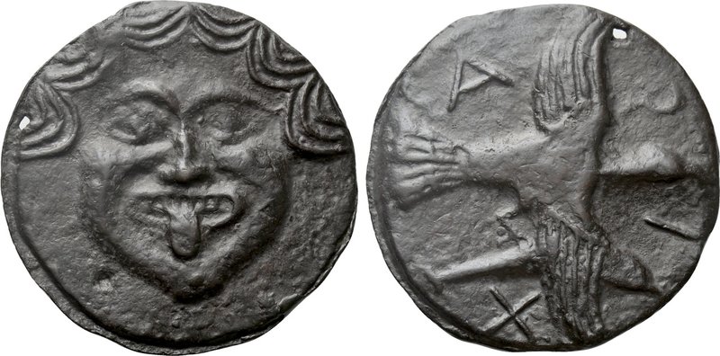 SKYTHIA. Olbia. Cast Ae (Circa 437-410 BC).

Obv: Facing gorgoneion.
Rev: A -...