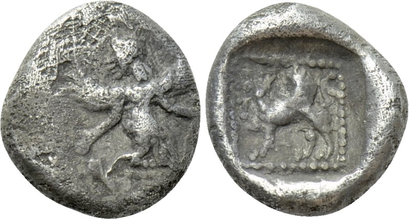 CARIA. Kaunos. 1/16 Stater (Circa 490-470 BC). 

Obv: Iris with curved wings, ...