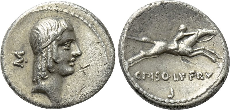 L. PISO L.F. L.N. FRUGI. Denarius (90 BC). Rome. 

Obv: Laureate head of Apoll...