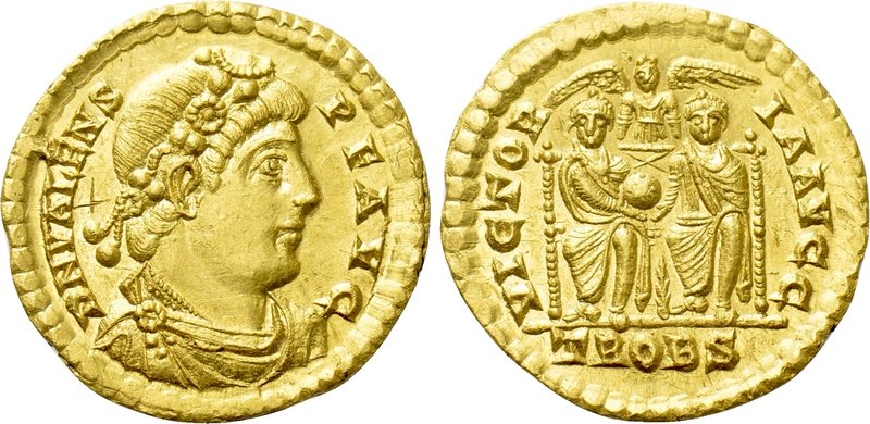VALENS (364-378). GOLD Solidus. Treveri. 

Obv: D N VALENS P F AVG. 
Diademed...