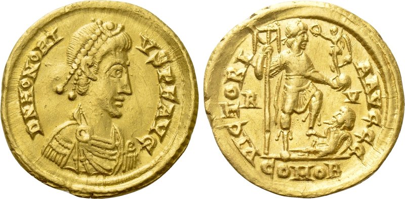 HONORIUS (393-423). GOLD Solidus. Ravenna. 

Obv: D N HONORIVS P F AVG. 
Diad...