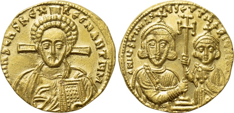 JUSTINIAN II with TIBERIUS (Second reign, 705-711). GOLD Solidus. Constantinople...