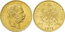 AUSTRIA. Franz Joseph I (1848-1916). GOLD 8 Florin or 20 Francs (1871). Wien (Vienna).