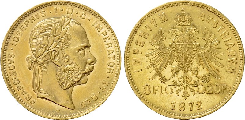AUSTRIA. Franz Joseph I (1848-1916). GOLD 8 Florin or 20 Francs (1872). Wien (Vi...