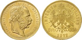 AUSTRIA. Franz Joseph I (1848-1916). GOLD 8 Florin or 20 Francs (1872). Wien (Vienna).