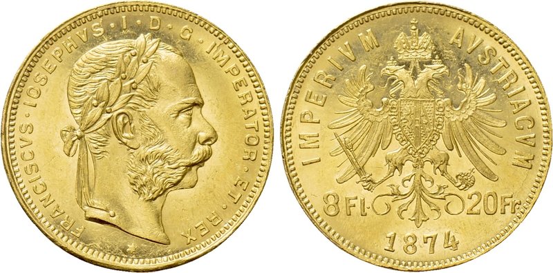 AUSTRIA. Franz Joseph I (1848-1916). GOLD 8 Florin or 20 Francs (1874). Wien (Vi...