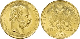 AUSTRIA. Franz Joseph I (1848-1916). GOLD 8 Florin or 20 Francs (1874). Wien (Vienna).