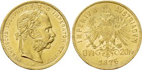 AUSTRIA. Franz Joseph I (1848-1916). GOLD 8 Florin or 20 Francs (1876). Wien (Vienna).