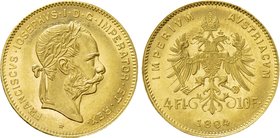 AUSTRIA. Franz Joseph I (1848-1916). GOLD 4 Florin or 10 Francs (1884). Wien (Vienna).