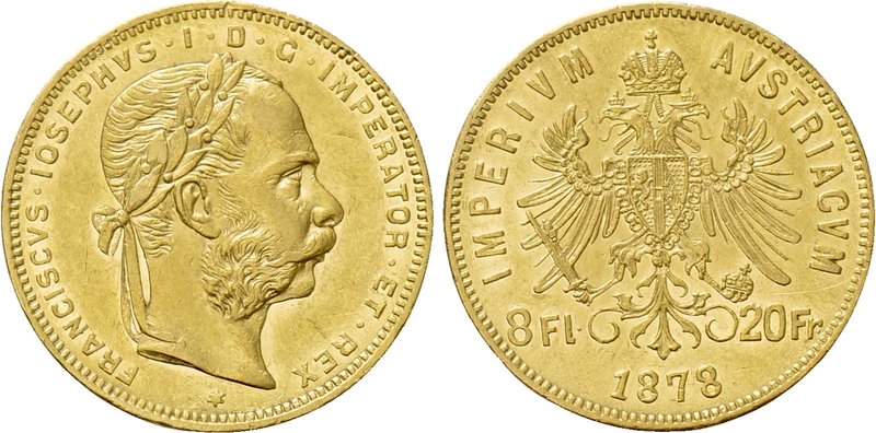 AUSTRIA. Franz Joseph I (1848-1916). GOLD 8 Florin or 20 Francs (1878). Wien (Vi...