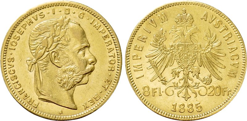 AUSTRIA. Franz Joseph I (1848-1916). GOLD 8 Florin or 20 Francs (1885). Wien (Vi...