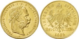 AUSTRIA. Franz Joseph I (1848-1916). GOLD 8 Florin or 20 Francs (1885). Wien (Vienna).