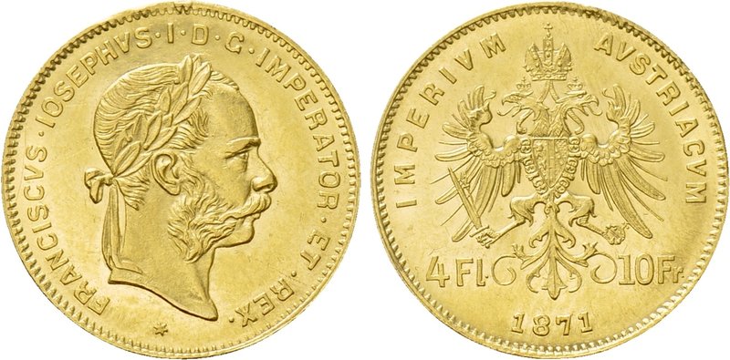 AUSTRIA. Franz Joseph I (1848-1916). GOLD 4 Florin or 10 Francs (1871). Wien (Vi...