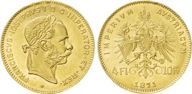 AUSTRIA. Franz Joseph I (1848-1916). GOLD 4 Florin or 10 Francs (1871). Wien (Vienna).
