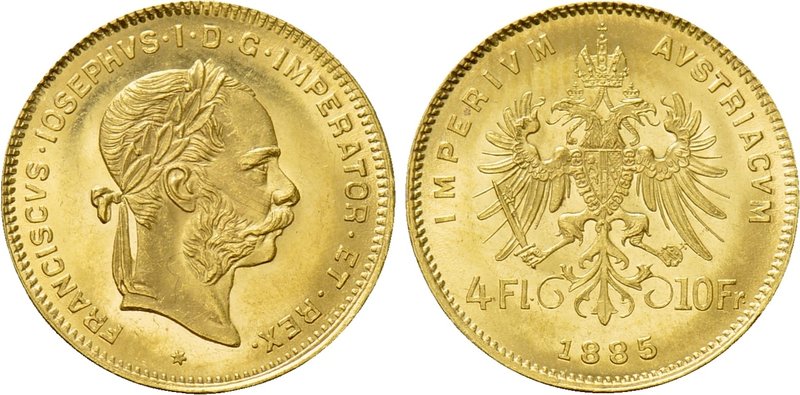 AUSTRIA. Franz Joseph I (1848-1916). GOLD 4 Florin or 10 Francs (1885). Wien (Vi...