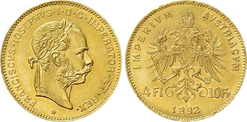 AUSTRIA. Franz Joseph I (1848-1916). GOLD 4 Florin or 10 Francs (1892). Wien (Vi...