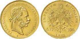AUSTRIA. Franz Joseph I (1848-1916). GOLD 4 Florin or 10 Francs (1892). Wien (Vienna). Restrike issue.