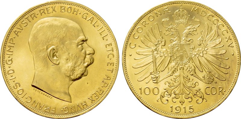 AUSTRIA. Franz Joseph I (1848-1916). GOLD 100 Corona (1915). Wien (Vienna). Rest...