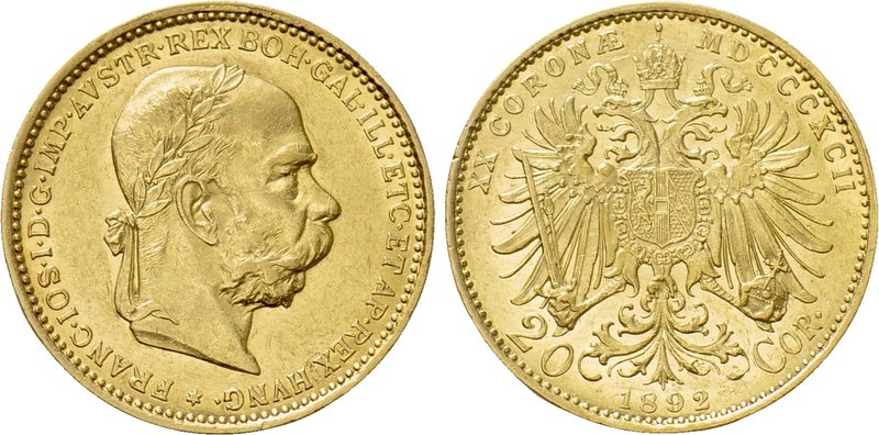 AUSTRIA. Franz Joseph I (1848-1916). GOLD 20 Corona (1892). Wien (Vienna).

Ob...