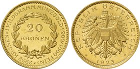 AUSTRIA. 1st Republic (1918-1938). GOLD 20 Kronen (1923). Wien (Vienna).