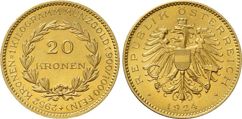 AUSTRIA. 1st Republic (1918-1938). GOLD 20 Kronen (1924). Wien (Vienna). 

Obv...