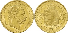 HUNGARY. Franz Josef I (1848-1916). GOLD 20 Franken or 8 Forint (1870-KB). Kremnitz.