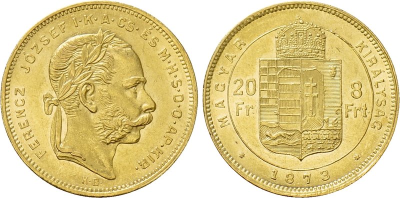 HUNGARY. Franz Josef I (1848-1916). GOLD 20 Franken or 8 Forint (1872-KB). Kremn...