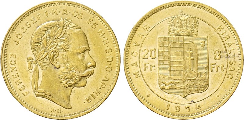 HUNGARY. Franz Josef I (1848-1916). GOLD 20 Franken or 8 Forint (1874-KB). Kremn...