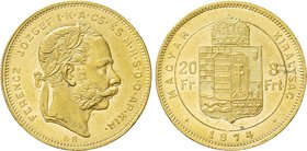 HUNGARY. Franz Josef I (1848-1916). GOLD 20 Franken or 8 Forint (1874-KB). Kremnitz.