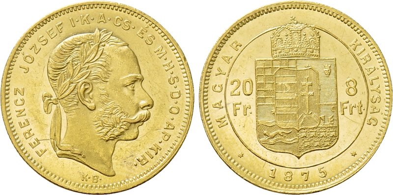 HUNGARY. Franz Josef I (1848-1916). GOLD 20 Franken or 8 Forint (1875-KB). Kremn...