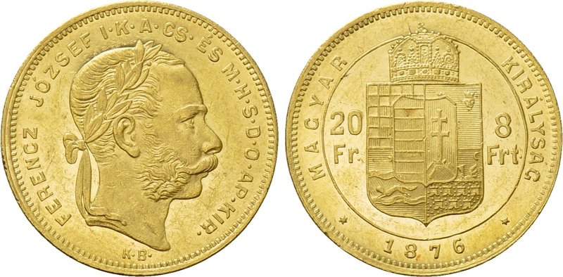 HUNGARY. Franz Josef I (1848-1916). GOLD 20 Franken or 8 Forint (1876-KB). Kremn...