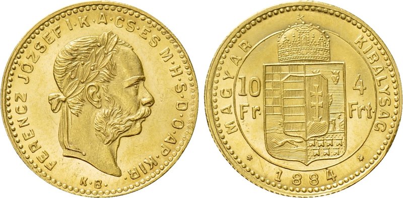 HUNGARY. Franz Josef I (1848-1916). GOLD 10 Franken or 4 Forint (1884-KB). Kremn...