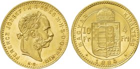 HUNGARY. Franz Josef I (1848-1916). GOLD 10 Franken or 4 Forint (1884-KB). Kremnitz.