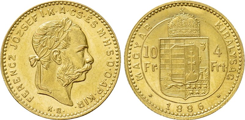 HUNGARY. Franz Josef I (1848-1916). GOLD 10 Franken or 4 Forint (1886-KB). Kremn...