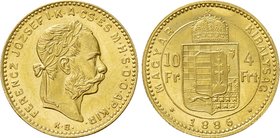 HUNGARY. Franz Josef I (1848-1916). GOLD 10 Franken or 4 Forint (1886-KB). Kremnitz.