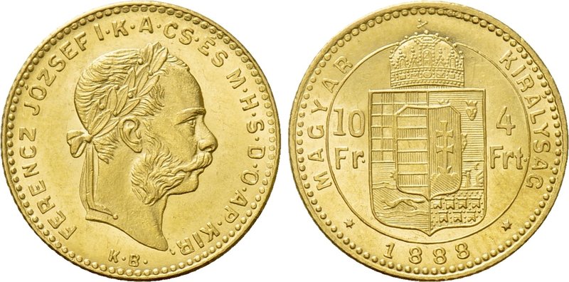 HUNGARY. Franz Josef I (1848-1916). GOLD 10 Franken or 4 Forint (1888-KB). Kremn...