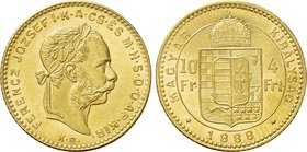 HUNGARY. Franz Josef I (1848-1916). GOLD 10 Franken or 4 Forint (1888-KB). Kremnitz.