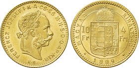HUNGARY. Franz Josef I (1848-1916). GOLD 10 Franken or 4 Forint (1889-KB). Kremnitz.
