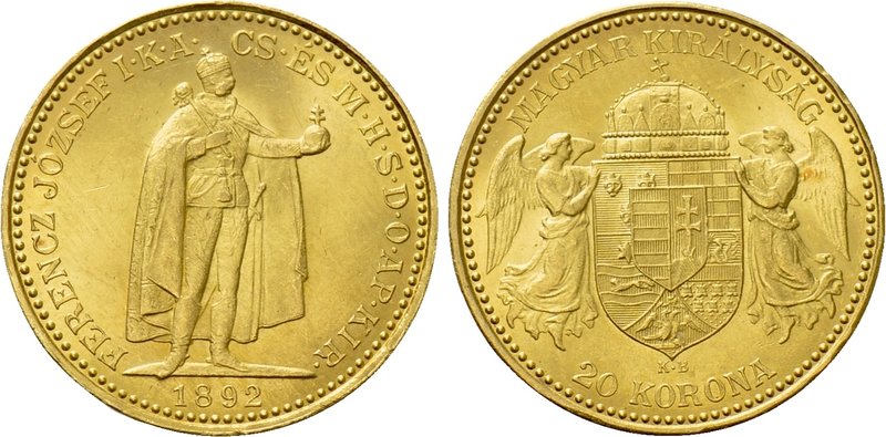 HUNGARY. Franz Josef I (1848-1916). GOLD 20 Korona (1892-KB). Kremnitz. 

Obv:...