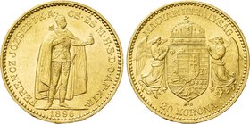 HUNGARY. Franz Josef I (1848-1916). GOLD 20 Korona (1896-KB). Kremnitz.