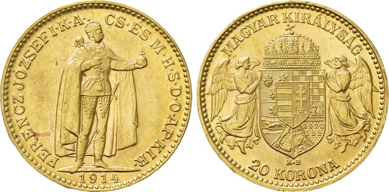 HUNGARY. Franz Josef I (1848-1916). GOLD 20 Korona (1814-KB). Kremnitz. 

Obv:...