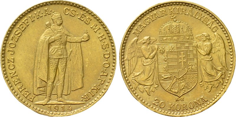 HUNGARY. Franz Josef I (1848-1916). GOLD 20 Korona (1914-KB). Kremnitz. 

Obv:...
