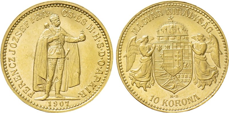 HUNGARY. Franz Joseph I (1848-1916). GOLD 10 Korona (1907-KB). Körmöcbánya (Krem...