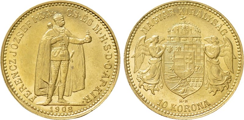 HUNGARY. Franz Joseph I (1848-1916). GOLD 10 Korona (1908-KB). Körmöcbánya (Krem...