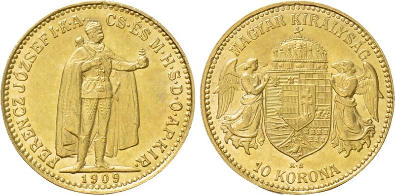 HUNGARY. Franz Joseph I (1848-1916). GOLD 10 Korona (1909-KB). Körmöcbánya (Krem...