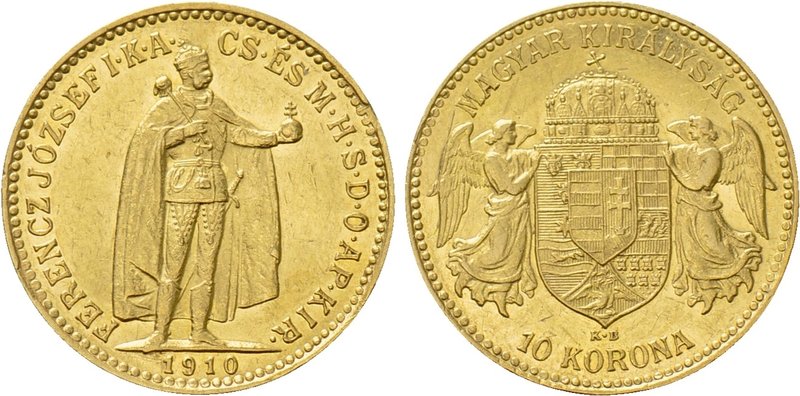 HUNGARY. Franz Joseph I (1848-1916). GOLD 10 Korona (1910-KB). Körmöcbánya (Krem...