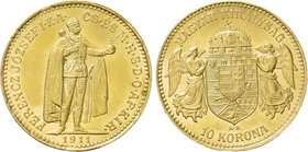 HUNGARY. Franz Joseph I (1848-1916). GOLD 10 Korona (1911-KB). Körmöcbánya (Kremnica).