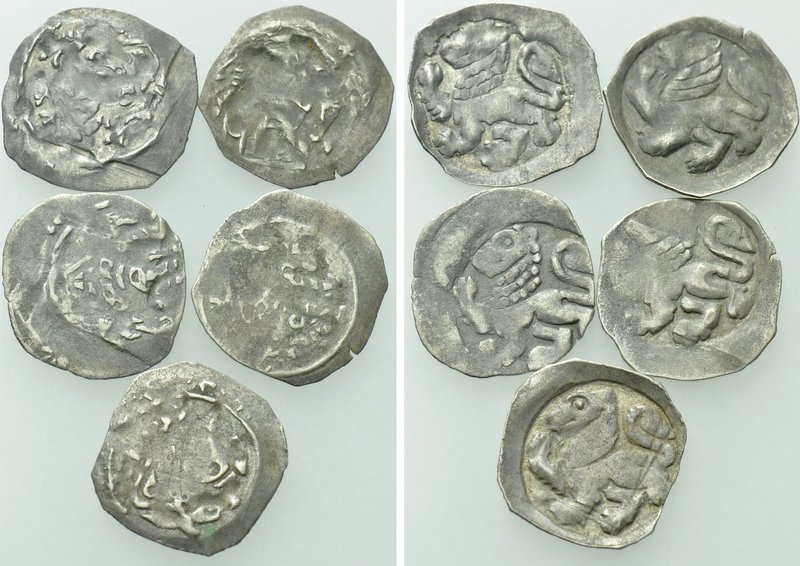 5 German Medieval Coins. 

Obv: .
Rev: .

. 

Condition: Section near top...