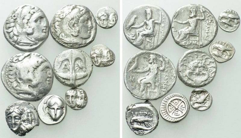9 Greek Coins. 

Obv: .
Rev: .

. 

Condition: .

Weight: g.
 Diameter...