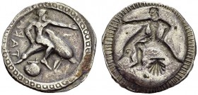 GREECE. Calabria. 
 Taras. Stater. Obv. ΤΑRΑ retrograde. Taras seated on dolphin leaping right, scallop-shell beneath. Rev. Same type incuse, no lege...